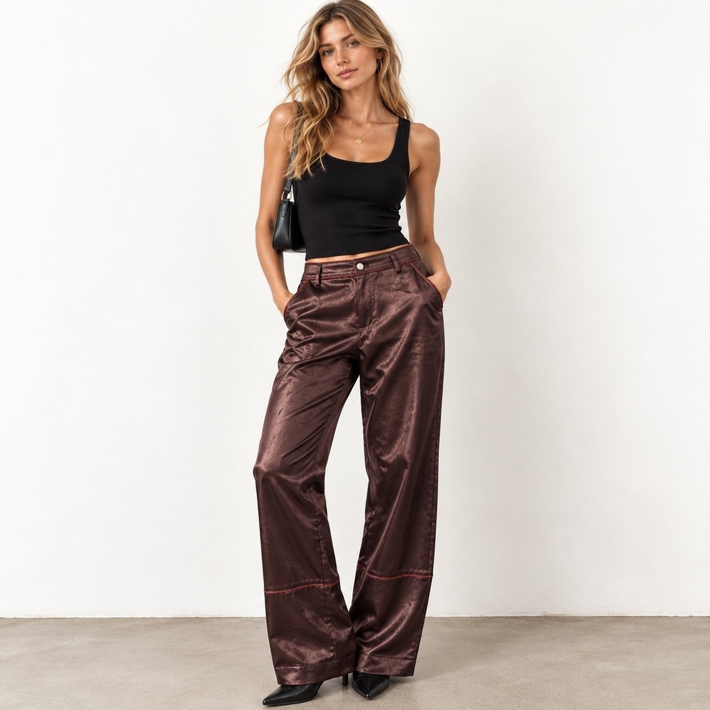 Akira Wide Leg Satin Trousers Womens Size 1X Chocolate Brown Contrast Piping NWT
